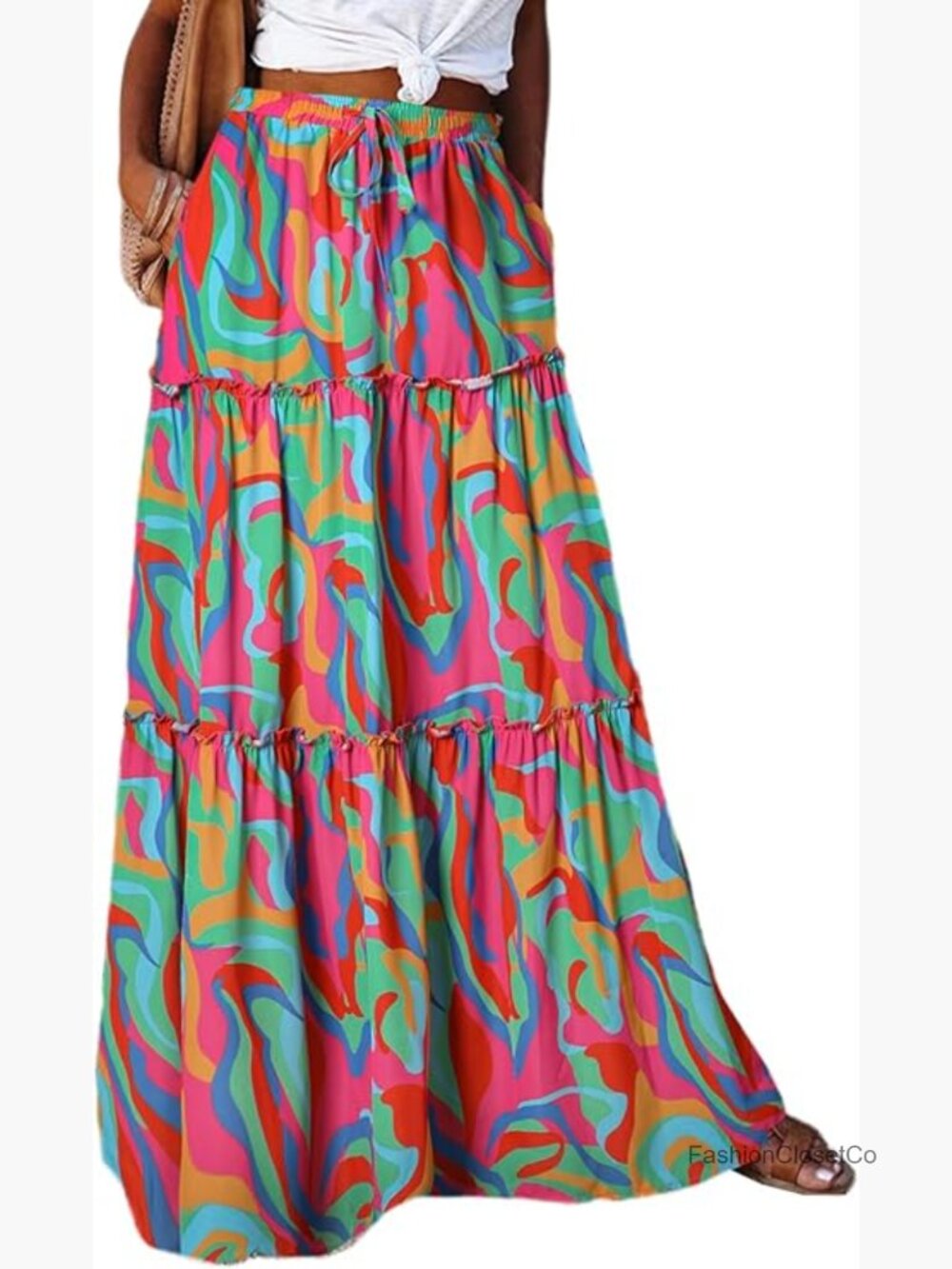 Womens Floral Print Boho Maxi Skirt Elastic High Waist Pleated Ruffle Flowy Long